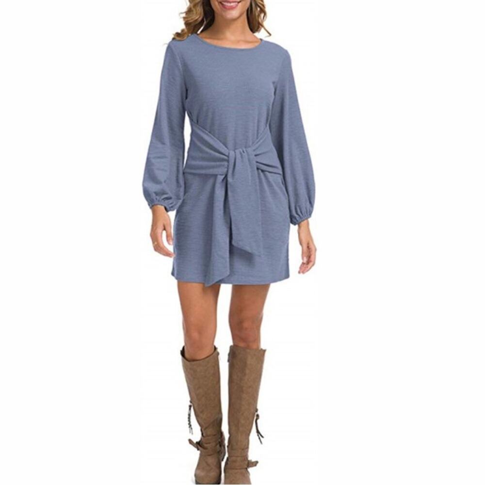 R. Vivimos Dusty Sky Blue Knit Tie Front Dress Size M 8/10